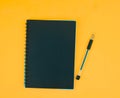 A black ball point pen placed beside a black colored paper diary on an orange background Royalty Free Stock Photo