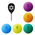 Black Balloons with ribbon with star of david icon isolated on white background. Balloon with israel flag. Set icons in Royalty Free Stock Photo