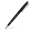 Black ballpoint pen with a cap writes on the surface