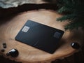 Black bank credit card on wooden table AI