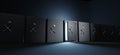 Black bank safes with closed steel doors and one open with white light inside, perspective view. Metal rectangular boxes Royalty Free Stock Photo