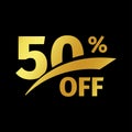 Black banner discount purchase 50 percent sale vector gold logo on a black background. Promotional business offer for