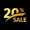 Black banner discount purchase 20 percent sale vector gold logo on a black background. Promotional business offer for