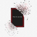 Black banner with red frame with fragments isolated on the background. Abstract black explosion with small particles. Vector. Royalty Free Stock Photo