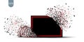 Black banner with red frame with fragments isolated on white background. Abstract black explosion with small particles. Vector. Royalty Free Stock Photo