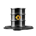 Black barrel with oil drop label on spilled puddle of crude oil.