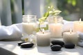 Black basalt stones for spa treatments with white candles and a white orchid on a light background. Playground AI Royalty Free Stock Photo