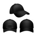 Black baseball cap. Empty hat mockup, headwear caps in back, front and side view. Corporate uniform clothes cap Royalty Free Stock Photo