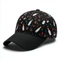 A black baseball cap with a pattern of bottles and confetti on a white background close up shot view Royalty Free Stock Photo