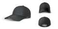 Black baseball cap set side perspective, front and back view realistic vector template Royalty Free Stock Photo