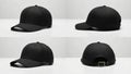 The black baseball cap is shown from four different angles in this mockup Royalty Free Stock Photo