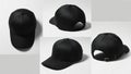 The black baseball cap is shown from four different angles in this mockup Royalty Free Stock Photo