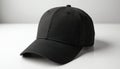 Black baseball cap on white table. Black cotton hat with curved brim. Front view of plain black cap. Isolated black baseball cap Royalty Free Stock Photo