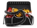 Black basket with christmas decorations on white