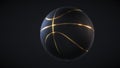 Black basketball ball with golden glowing lines and dimple texture isolated on dark background