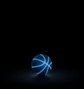 A black basketball ball has bright blue glowing neon lines on a black background Royalty Free Stock Photo