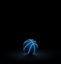 A black basketball ball has bright blue glowing neon lines on a black background Royalty Free Stock Photo