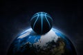 Black basketball with bright blue glowing neon lines. on night world in outer space abstract wallpaper Royalty Free Stock Photo