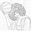 Black basketball player with the ball in her hand.Coloring book antistress for children and adults.