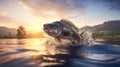 black bass (Micropterus salmoides) jumping from the water in a high mountain lake