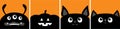Black bat, cat kitten head face, monster, pumpkin set line. Cute cartoon pet character. Happy Halloween. Bones text font. Bone