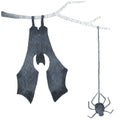 Black bat upside down on a tree branch with a spider descending. Happy Halloween party. Hand drawing watercolor isolated clip art