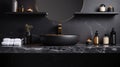 Black bathroom interior design, countertop washbasin with faucet on black marble counter in modern luxury minimal washroom. Royalty Free Stock Photo