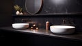 Black bathroom interior design, his and hers countertop washbasin and faucet on black marble counter in modern luxury minimal Royalty Free Stock Photo