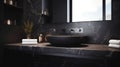 Black bathroom interior design, round countertop basin and wall-mounted faucet on marble counter with shelf in modern luxury Royalty Free Stock Photo