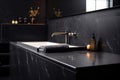 Black bathroom interior design, undercounter washbasin with black marble counter, modern luxury minimalist masculine washroom. Royalty Free Stock Photo