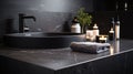 Black bathroom interior design, black washbasin and faucet on black marble counter in modern luxury minimal washroom. Generative Royalty Free Stock Photo