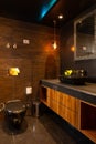 Black bathroom with a sink and wall-mounted mirror, providing a modern and sophisticated aesthetic