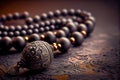 Black beads Muslim prayer rosary on dark stone. Generative AI, Generative, AI