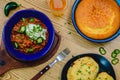 Black Bean Chili Con Carne in Bowl with Corn Bread Royalty Free Stock Photo