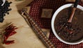 Black Bean Chili on Wooden Table With Spices and Dried Black Beans Royalty Free Stock Photo