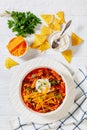 Black Bean Soup with spiral pasta and vegetables Royalty Free Stock Photo