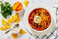 Black Bean Soup with spiral pasta and vegetables Royalty Free Stock Photo