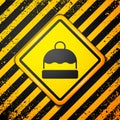 Black Beanie hat icon isolated on yellow background. Warning sign. Vector