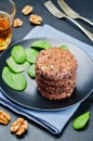 Black beans brown rice walnut oat burgers with spinach Royalty Free Stock Photo