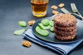 Black beans brown rice walnut oat burgers with spinach Royalty Free Stock Photo