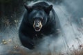 black bear fleeing through smoke