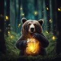 Black Bear With Jar Of Fireflies Royalty Free Stock Photo