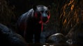 a black bear with red eyes standing in water next to rocks Royalty Free Stock Photo