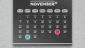 Close-up of a black beautiful November page of the wall calendar 2021 with marking Black Friday and Cyber Monday dates Royalty Free Stock Photo