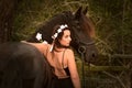 Black beauty horse and pretty woman Royalty Free Stock Photo