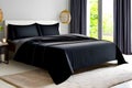 Black bed with sheets and rich sunlight interior generated by ai