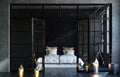 Black bedroom in loft, industrial style