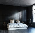 Black bedroom in loft, industrial style