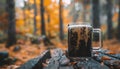 Black beer pouring into mug in nature background