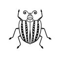 Black beetle in Doodle style. Bug with stripes on its back top view. Simple vecttor illustration isolated on white